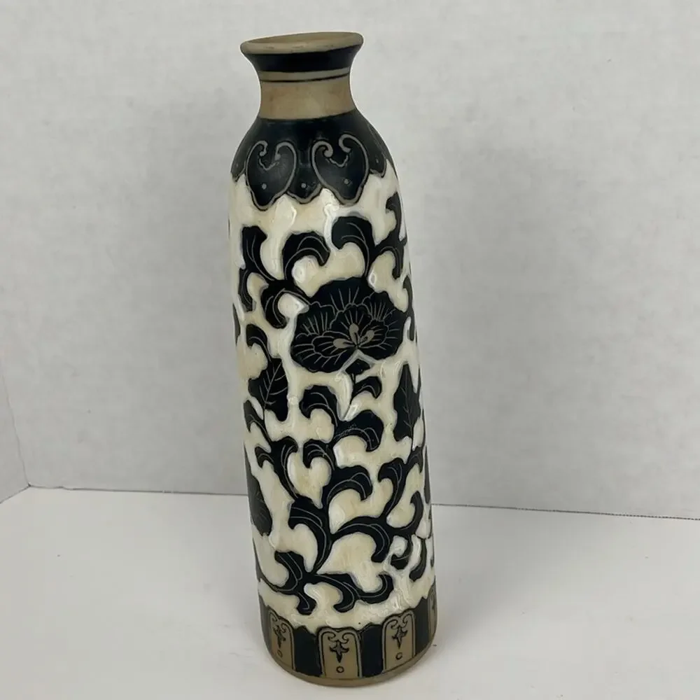 Pottery Vase Floral Vine Black White Tan 12 Inch Decor